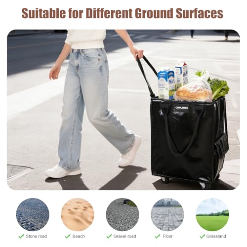 Reusable Grocery Bag Tote Bag with Wheels, Foldable Rolling Tote Bag with 3 Handles and Zipper - color: Black, size: Medium