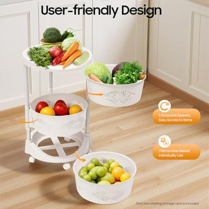 3-Tier Adjustable Kitchen Storage Rack,3 Layer Rotating Vegetable Organizer with Lockable Casters,Multi-Layers Rotatable Baskets for Kitchen Bathroom Living Room,White - size: 3-Tier