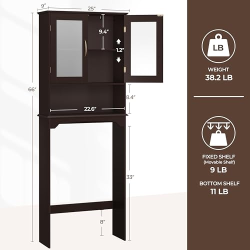 Yaheetech Over The Toilet Storage Cabinet, Free Standing Toilet Rack with Adjustable Shelves and Tempered Glass Doors for Bathroom Washroom, Espresso - color: Espresso