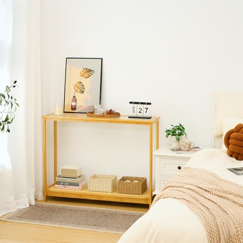 Bamboo Narrow Console Table, 39.4"(L) Wood Small Entryway Table with Rattan and Glass, Accent Slim Hallway Tables, Thin Sofa Side Tables for Hallway, Living Room, Foyer, Burlywood - color: Burlywood 39.4"(l)