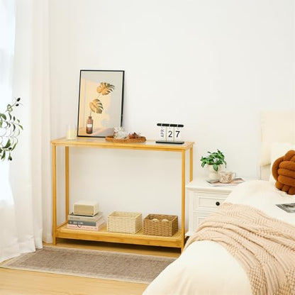 Bamboo Narrow Console Table, 39.4"(L) Wood Small Entryway Table with Rattan and Glass, Accent Slim Hallway Tables, Thin Sofa Side Tables for Hallway, Living Room, Foyer, Burlywood - color: Burlywood 39.4"(l)
