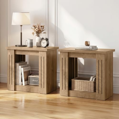 Tribesigns Side Table, 2-Tier Farmhouse End Table with Storage, Wooden Nightstand for Bedroom, Living Room, Office, Small Spaces, 2 Pack Brown
