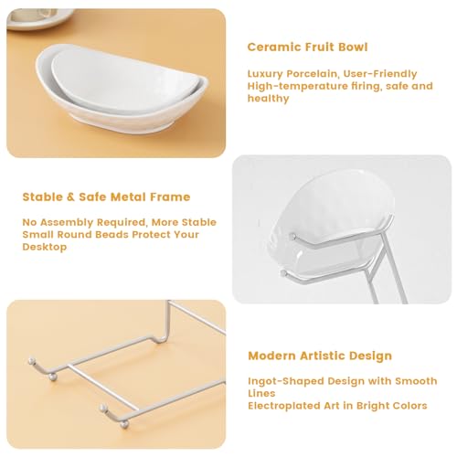 Fruit Bowl, 3 Tier Ceramic Fruit Basket, 3 Tier Serving Stand Serving Bowl with Metal Rack, Porcelain Kitchen Bowls for Fruit Vegetable Snack Nuts Dessert Cake Tray for Party Wedding - color: White