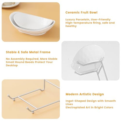 Fruit Bowl, 3 Tier Ceramic Fruit Basket, 3 Tier Serving Stand Serving Bowl with Metal Rack, Porcelain Kitchen Bowls for Fruit Vegetable Snack Nuts Dessert Cake Tray for Party Wedding - color: White