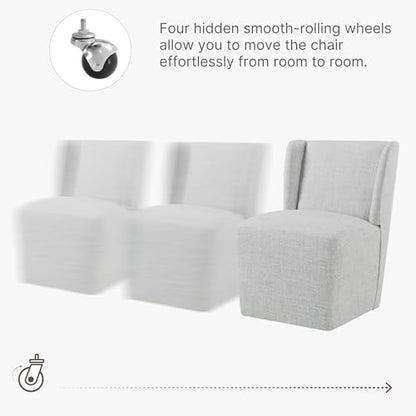 KISLOT Upholstered Dining Chairs Set of 2 with Casters, Wingback Modern Side Armless Deskchair with Rollers for Diningroom Bedroom Livingroom Reading Room, Light Grey Fabric - color: A Light Grey Fabric, size: Set of 2