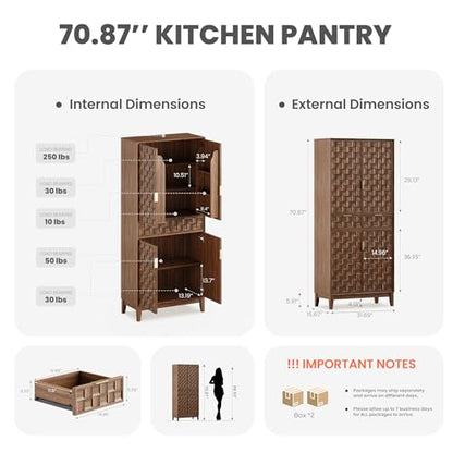 Pantry Cabinet, 71" Tall Pantry Cabinet,Modern Kitchen Cabinet with Doors, Drawers & Adjustable Shelves, Freestanding Food Pantry Cupboard with Side Rack for Kitchen Dining Room,Walnut - color: New-walnut