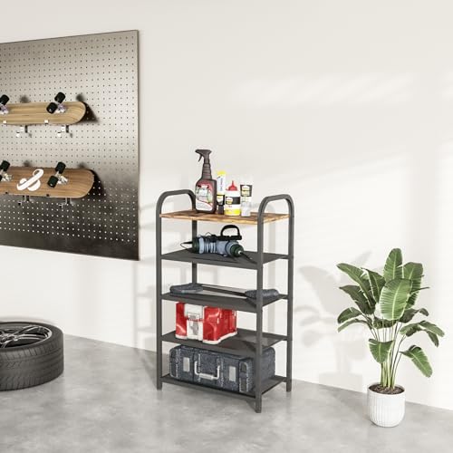 Narrow Vertical Shoe Rack for Entryway, 17.32" X 10.24" X 29.13" | 5-Tier Tall Shoe Storage Organizer Metal Wood, Mesh Shelves, Wooden Top, Small Space Shoe Shelf for Front Door, Closet,Garage - size: 17.32" X 10.24" X 29.13"