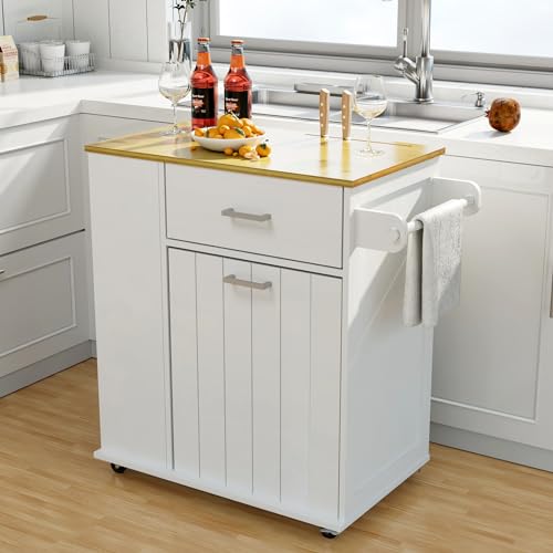 HQZX Rolling Kitchen Island with Trash Can Storage, Portable Kitchen Island on Wheels with Towel Rack & Spice Rack, Tilt Out Trash Can Cabinet with Drawer, Mobile Island Cart (White) - color: White