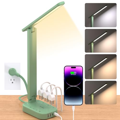 One Beat Small LED Desk Lamp Power Strip, Extension Cord with 3 Outlets 4 USB Ports(2 USB C), 4 Modes, 5 Level Touch Lamp Study Reading Light, Home Office Bedroom College Dorm Room Essentials, Green - color: Green, size: 5 Ft