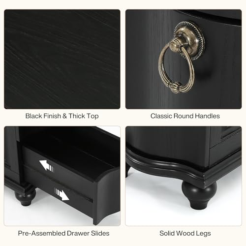Tribesigns Wood Black End Table Set of 2, 3-Drawers Fully Assembled Narrow Slim Side Table, No Assembly Required, Nightstand for Bedside, Small Spaces, Living Room, Bedroom - color: Black