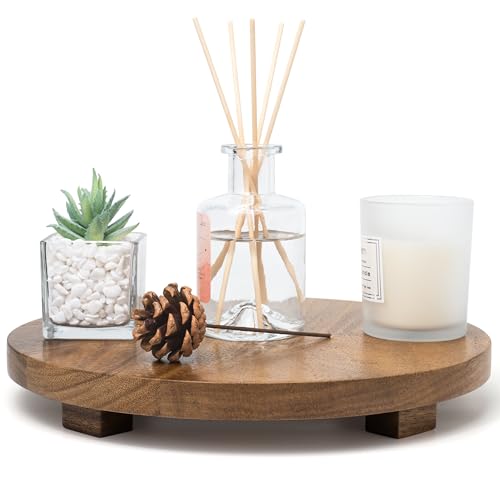 Round 11.8" Acacia Wood Decorative Tray – Farmhouse Wood Riser Pedestal Stand for Kitchen and Bathroom Decor, Counter Display, Vanity Tray (Large, 11.8" Dia) - size: Large: Dia 11.8"