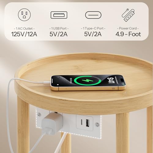 HOOBRO Set of 2 Small Round Side Tables with Charging Station, 2-Tier Round Bamboo End Tables, Easy Assembly, for Living Room, Bedroom, Apartment, Natural YL156UBZP201 - color: Natural