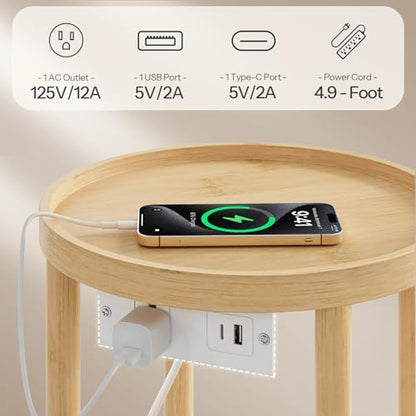 HOOBRO Set of 2 Small Round Side Tables with Charging Station, 2-Tier Round Bamboo End Tables, Easy Assembly, for Living Room, Bedroom, Apartment, Natural YL156UBZP201 - color: Natural