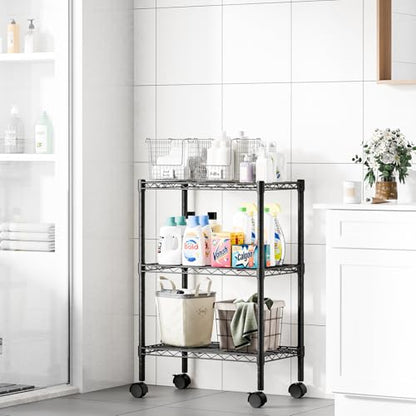 DUMOS 3-Tier Metal Wire Storage Shelves, Adjustable Standing Storage Rack Shelf with Wheels, Heavy Duty Steel Shelving Unit Organizers for Kitchen Bathroom Pantry Garage, 23.1" Wx13.4 Dx30.2 H, Black - size: 3 Tiers with wheels-30.31"H