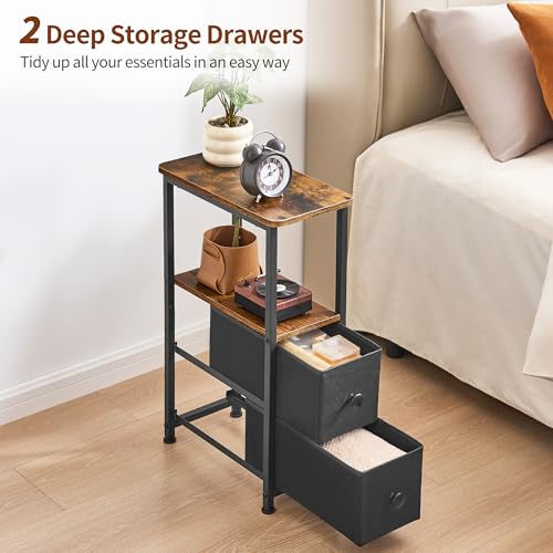 DALEMHOME End Table, Narrow Side Table with 2 Fabric Drawers, Slim Nightstand, Small Bedside Table with Storage, Living Room, Bedroom, Rustic Brown HKET1200BR - color: Rustic Brown, size: 7.9" W x 15.7" D, style: No Power