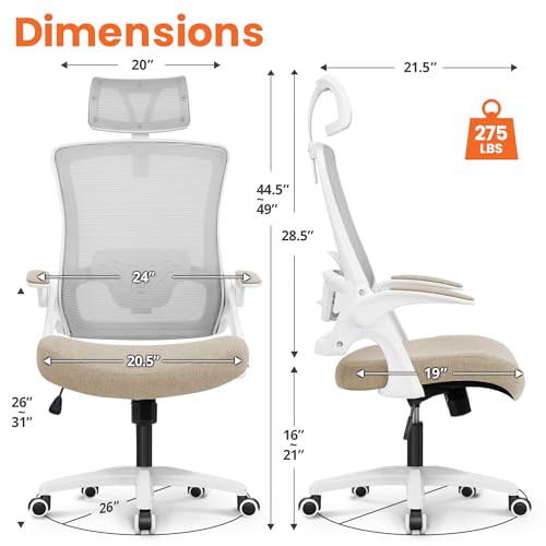 NEO CHAIR Office Desk Chair Gaming Computer High Back Support Mesh Comfy Seat with Adjustable Ergonomic Headrest Lumbar Rolling Flip-up Armrests and Wheels (Beige) - color: Beige