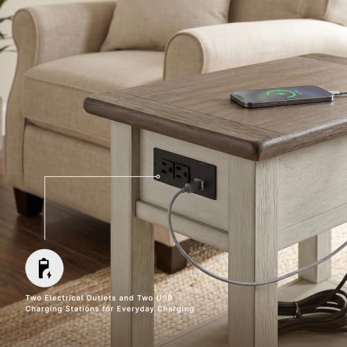 Signature Design by Ashley Bolanburg Narrow End Table, Charging Station | Slim 14-inch profile with USB charging, Wood, White oak veneers and engineered wood, Farmhouse style for small living rooms - color: Dark Brown & White