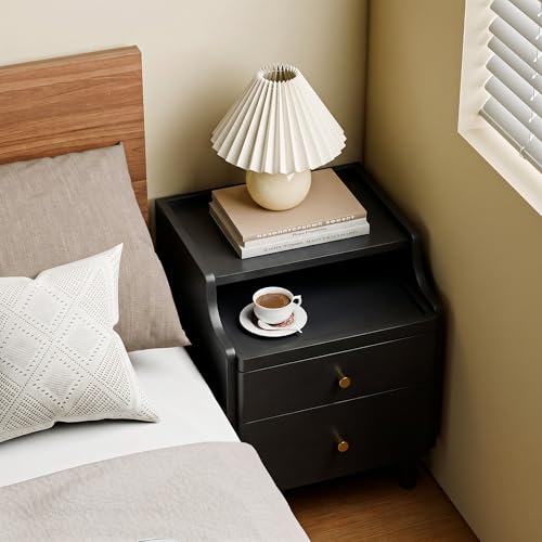 Nightstand with Drawers, Pre-Assembled, 19.7" H Natural Solid Wood Night Stand with Open Sliding Shelf, Mid Century Modern Small Bedside Table Cabinet for Bedroom, Black 16" - color: Black, size: 16"