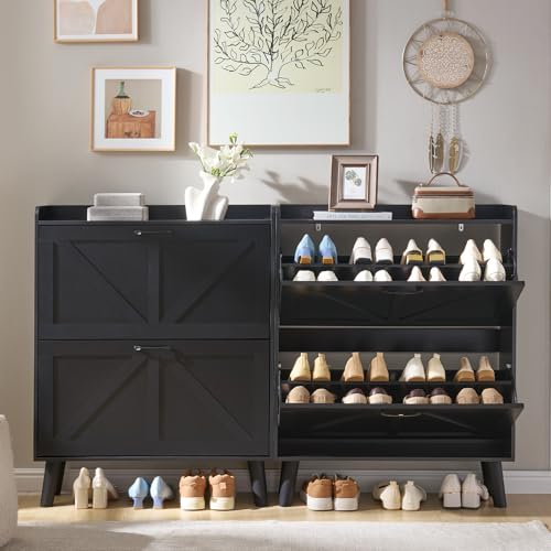 LEYAOYAO Shoe Cabinet Storage for Entryway with 2 Flip Drawers Rack Narrow Organizer Slim Hidden Wood Shoe Cabinet Furniture Black - color: Black