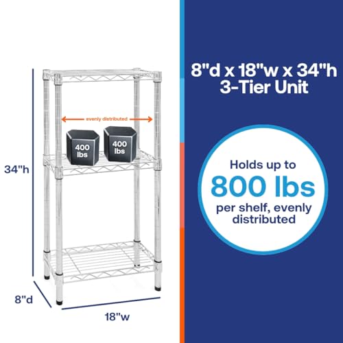 Shelving Inc. 8" d x 18" w Chrome Wire Shelving with 3 Tier Shelves, Weight Capacity 800lbs Per Shelf - size: 8" d x 18" w x 34" h