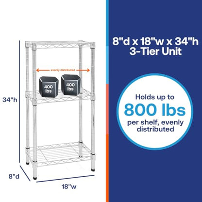 Shelving Inc. 8" d x 18" w Chrome Wire Shelving with 3 Tier Shelves, Weight Capacity 800lbs Per Shelf - size: 8" d x 18" w x 34" h