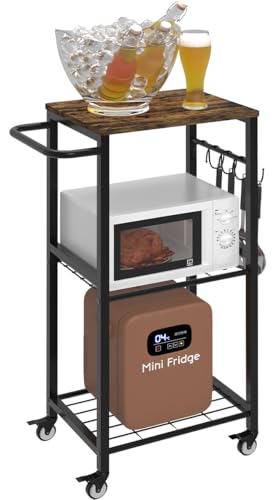 Kitchen Microwave Stand Cart with Storage Rack, 3-Tier Rolling Kitchen Side Table on Wheels with 8 Hooks, Utility Small Coffee Shelf Organizer for Living Room, Bedroom, Bathroom, Office, Black