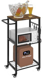 Kitchen Microwave Stand Cart with Storage Rack, 3-Tier Rolling Kitchen Side Table on Wheels with 8 Hooks, Utility Small Coffee Shelf Organizer for Living Room, Bedroom, Bathroom, Office, Black