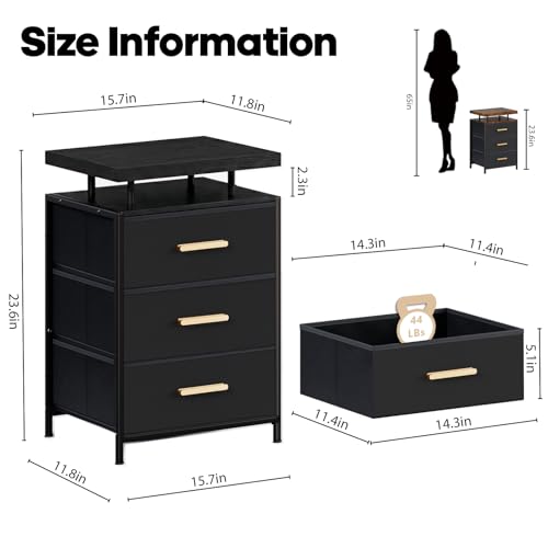 DreamDashio Night Stand with APP Control LED Lights, 3 Fabric Storage Drawers with PU Finish, Floating Top Design, Bedside Table with Open Shelf, End Table for Bedroom, Living Room, Office (Black) - color: Black