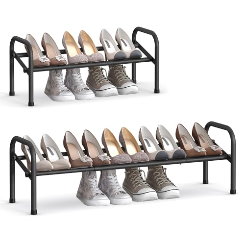 SONGMICS Expandable Shoe Rack, 1 Tier Shoe Rack Shelf, Adjustable Shoe Organizer Storage for 10 Pairs of Shoes, Metal Free Standing Shoe Racks for Closet, Front Door Entryway, Easy Assembly, Ink Black - size: 1 Tier (9.8"H)