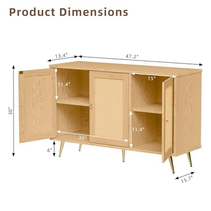 Buffet Sideboard Cabinet with Set of 2 Storage, Kitchen Storage with 3 Rattan Decorated Doors, Accent Cabinet for Dining Room, Living Room, Entryway, Hallway, Natural