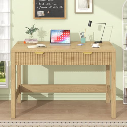 YOMILUVE Fluted Computer Desk with 2 Drawers, 39 Inch Small Computer Desk with Storage, Compact Writing Study Desk for Small Spaces - color: Oak