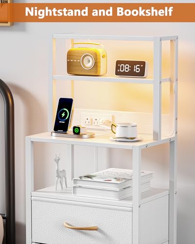 Tall Night Stand, White Bedside Nightstand with Charger Station | 4-Tier Shelves and 3 Fabric Drawers, LED Bed Side Tables with Charging Station, Tall Dresser for Bedroom, Hallway, Office - color: White, size: 3 Drawer