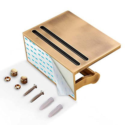 Toilet Paper Holder with Shelf, Aluminum Tissue Roll Dispenser with Mobile Phone Storage Shelf for Bathroom, 3M Self Adhesiv or Wall-Mounted with Screws, Antique Brass - color: Brass Antique