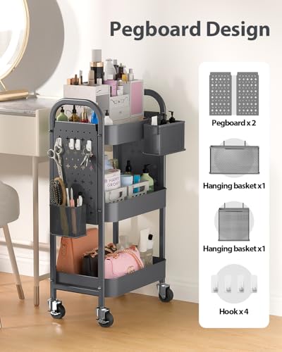 ALVOROG 3 Tier Rolling Cart with DIY Pegboards Metal Utility Cart with Wheels Handles Baskets Hooks, Storage Cart for Office Kitchen Bathroom(Gray) - color: Grey