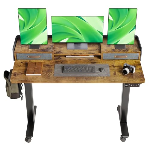 Claiks Standing Desk with Drawers, Stand Up Electric Standing Desk Adjustable Height, Sit Stand Desk with Storage Shelf and Splice Board, 55 Inch, Rustic Brown - color: Rustic Brown, size: 55.1×23.6
