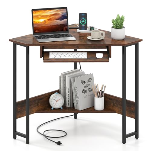 Giantex Small Corner Desk with Charging Station, Triangle Computer Desk with Keyboard Tray & Storage Shelf, Metal Corner Writing Desk for Bedroom, Small Space, Home Office, Black & Rustic Brown