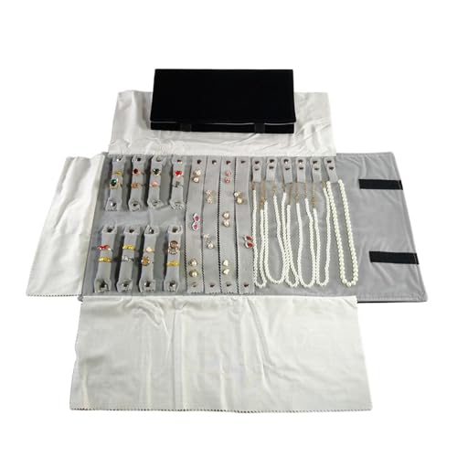 Velvet Travel Jewelry Case Roll Bag Organizer for Necklace Bracelet Earrings Ring (Black) (Black and Grey) - color: Black and Grey