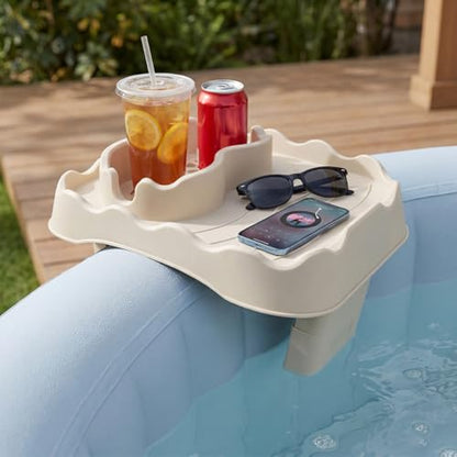 Hot Tub Table Tray Fits Width 6.7-7.8in Inflatable Spa/Pool,Beige | Foldable Hot Tub Side Table,Drink Caddy with 2 Cup Holders and Drain Holes,Non-Slip Rubber for Drinks,Phones & Snacks - color: Ivory