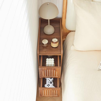 FurSch Fluted Thin Nightstand & Skinny Bedside Table for Bedroom, Narrow Night Stand Side End Table with 2 Drawers and Open Shelf for Small Spaces (Walnut-1 pc) - color: Walnut-1 Pc