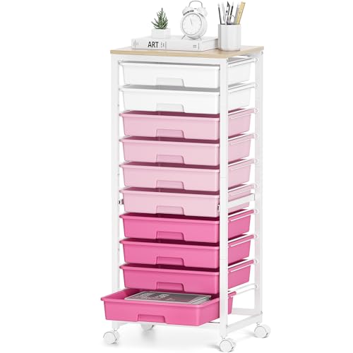 SYKIARIOL Rolling Cart with Drawers,10 Drawer Rolling Cart,Storage Cart,Utility Cart,Teacher Cart for Classroom Storage,Craft Cart with Wheels and Wooden Tabletop,Pink - color: Pink
