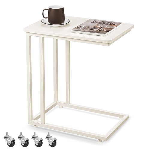 VASAGLE End Table, C Shaped TV Tray with Metal Frame Rolling Casters for Coffee Laptop Mobile Tablet, Industrial Side Table for Living Room Bedroom, 19.7 x 13.8 x 23.6 Inches, Cream White ULNT050W77 - color: Cream White, size: 19.7"W x 21.7"H, style: With