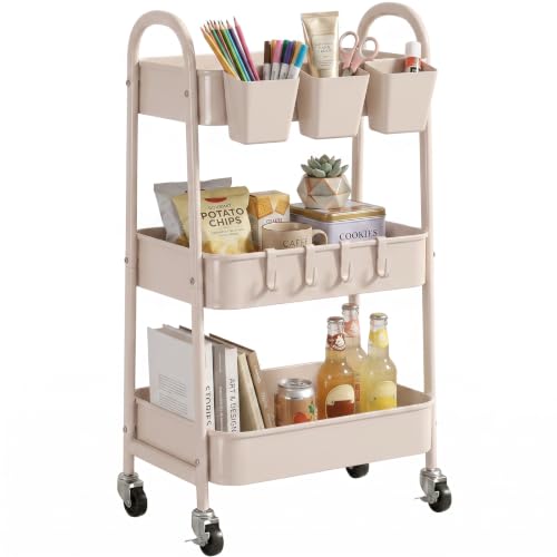 3-Tier Rolling Cart, Utility Cart Mobile Metal Rolling Storage Cart with Lockable Wheels & Hanging Cups & Hooks for Kitchen, Bathroom, Office, Workshop, Beige - color: Beige, size: 3 tier