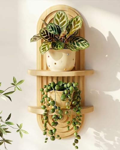 Bamworld Boho Wall Decor Plant Wall Shelf Mid Century Modern Decor Hanging 22in Plant Shelf 2-Tier Wooden Floating Shelves Natural | Mid Century Modern Decor Hanging Plant Shelf Wooden Floating Shelves for Home Bedroom Living Room Holding Planter Decorati