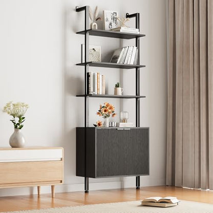 INNOD 74" Tall Bookshelf with Storage Cabinet, Modern Ladder Shelf with Wood and Metal Frame, Wall Mount Bookcase Open Display Shelf Furniture for Living Room, Bedroom, Home Office，Black - color: Black