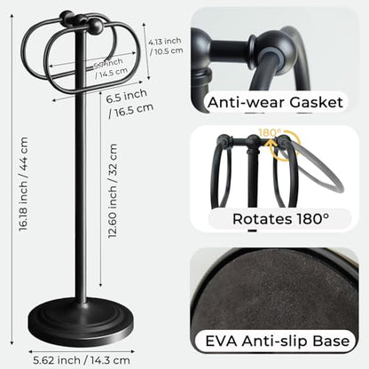 17 Inch Stainless Steel Hand Towel Holder Double Stand Hand Towel Ring for Washcloths or dishcloths Non-Slip Base Free Standing Towel Rack for Bathroom Kitchen (Black) - color: Black