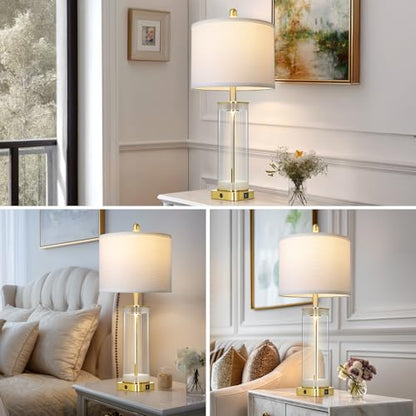 28" Gold Glass Table Lamp Single with Night Light, Modern Bedside Lamp with USB C+A Charging Ports, Nightstand Lamp for Living Room, Glass Lamps for Bedroom End Table Office, Bulbs Included, 1Pack - color: Gold(1 Pack)
