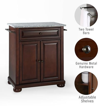 Crosley Furniture Alexandria Granite Top Small Portable Rolling Kitchen Island Storage Cart, Microwave Stand, Mahogany - color: Mahogany, style: Solid Grey Granite Top