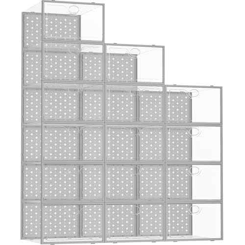 15 Pack X-Large Shoe Storage Boxes, Shoe Organizer Clear Stackable | Fit US Size 11, 6.2” Height, Shoe Dispaly Case Holder Bins Sneaker Storage for Sneakerheads, For Home and Family, Grey - color: Grey, size: 15 Pack