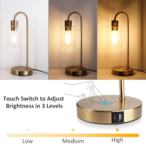 Gold Table Lamp with USB Port, 3 Way Dimmable Touch Control Bedside Lamp, Modern Nightstand Lamp with Glass Shade, Industrial Table Lamp for Bedroom Office, USB A & C, LED Bulb Included - size: 1 Pack