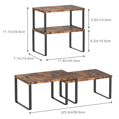 CADUKE Set of 4 Counter Shelves Kitchen Cabinet Shelf Organizer Brown | Countertop Organizer,Counter Top Racks,Stackable, Expandable, Metal and Engineered Wood, for Bathroom - color: Brown